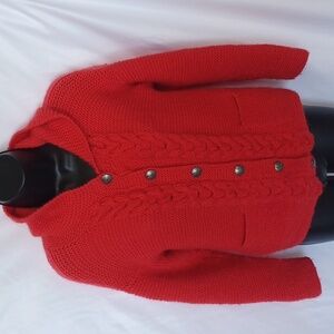 Vintage handmade hand-knit red cable knit button front cardigan sweater w/ hood